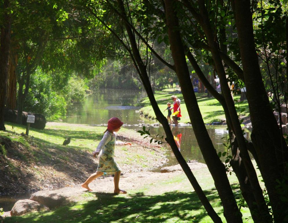 a little girl walking in a park with trees at BIG4 Wye River Holiday Park in Wye River