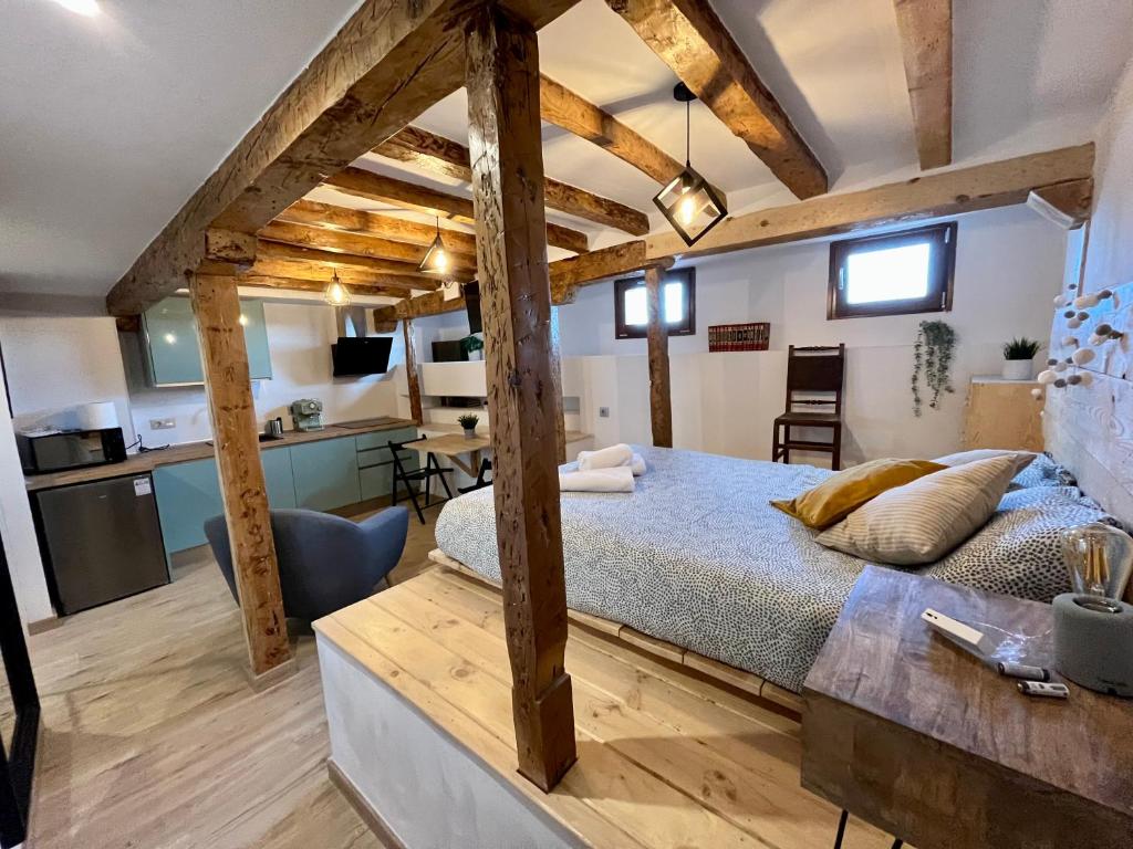Loft con encanto en el Corazon de Burgos- Dauda -ATUAIRE- في برغش: غرفة نوم بسرير كبير ومطبخ