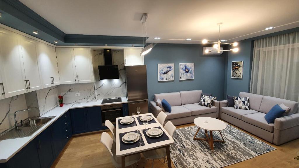 LUXURY DRIJON APARTMENTS 4d في شكودر: مطبخ وغرفة معيشة مع أريكة وطاولة