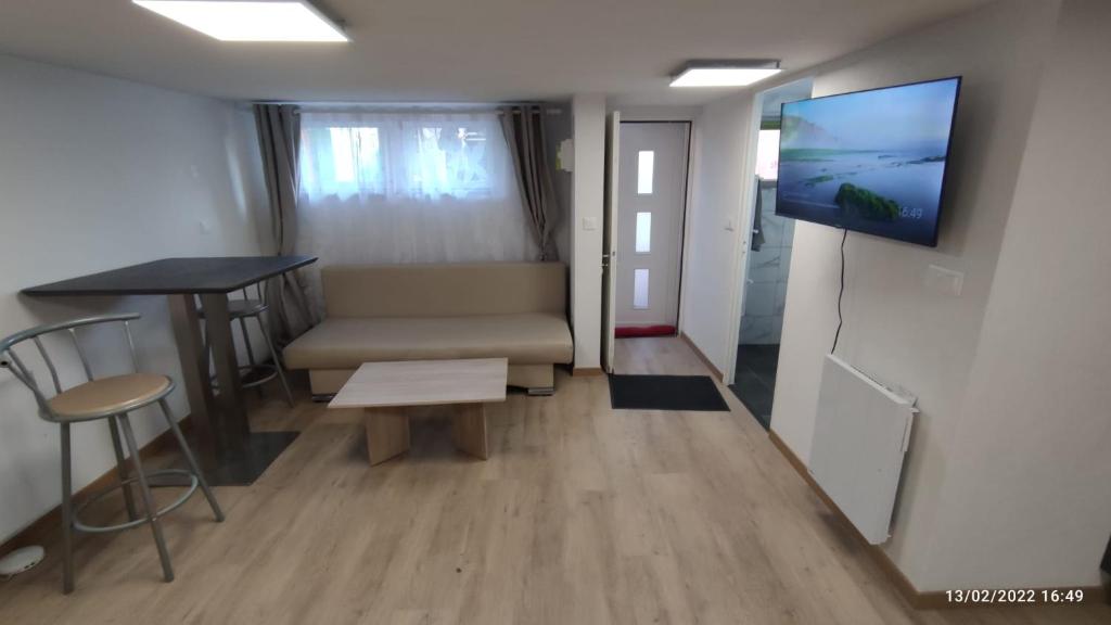 ein Wohnzimmer mit einem Sofa und einem TV an der Wand in der Unterkunft Studio Deluxe Marc in Straßburg