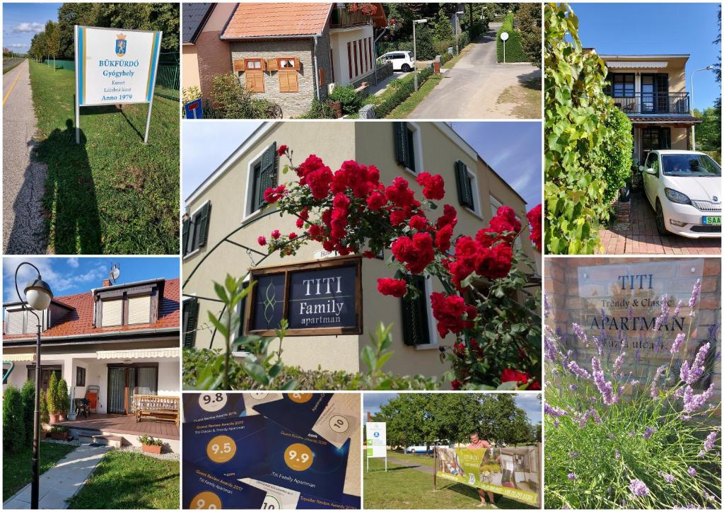 a collage of photos of a house with red flowers at Titi Boutique Apartmanok in Bükfürdő