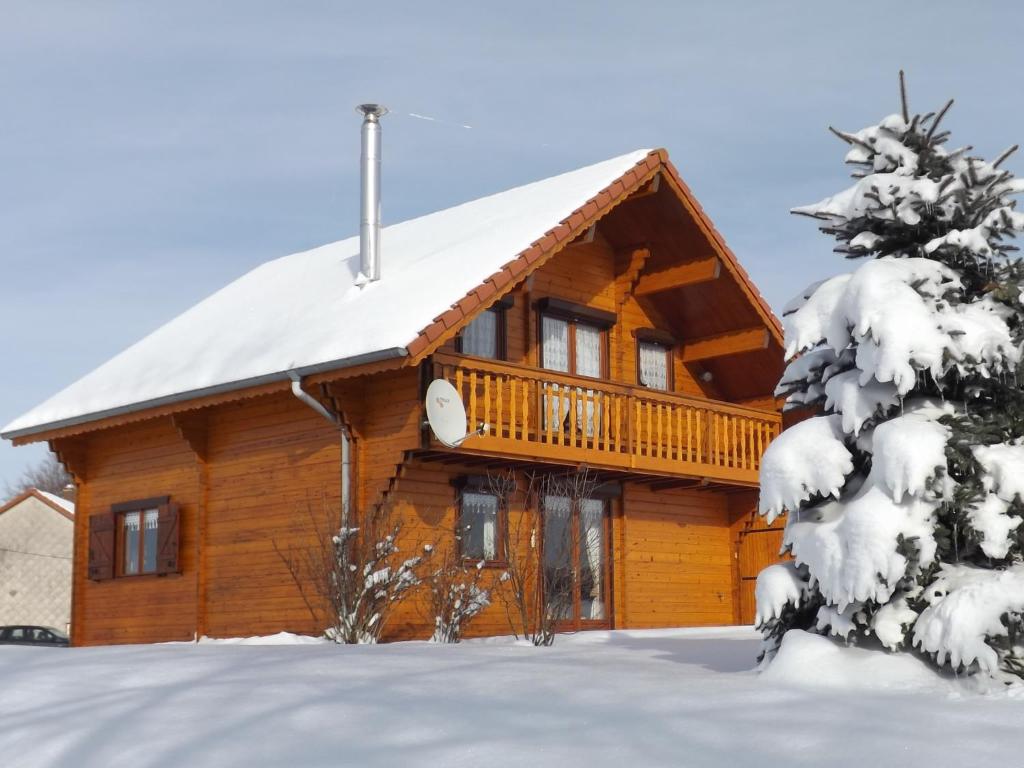 una baita di tronchi nella neve con un albero di Chalet Aster 3 étoiles a Arrentès-de-Corcieux