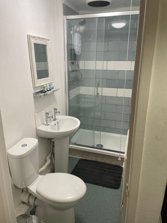 uma casa de banho com um WC, um lavatório e um chuveiro em Prestleigh inn em Shepton Mallet
