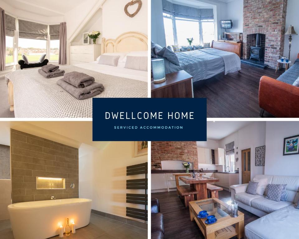 uma colagem de três fotos de um quarto e uma sala de estar em Dwellcome Home Ltd 5 Double Bedroom 6 Beds Townhouse 2 Bathrooms - see our site for assurance em South Shields