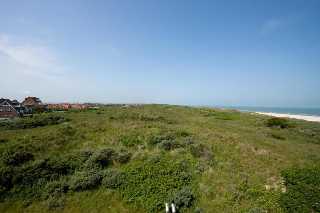 a grassy hill with houses and the ocean at Strandhotel Juister Hof in Juist
