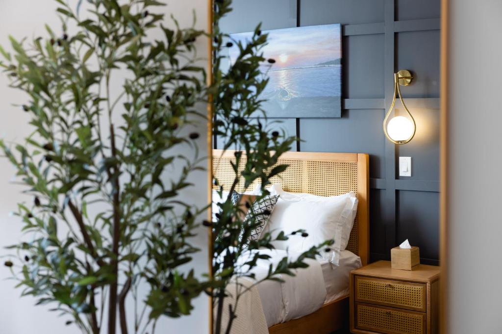 Dormitorio con cama, planta y lámpara en The Modernist Hotel en Long Island City