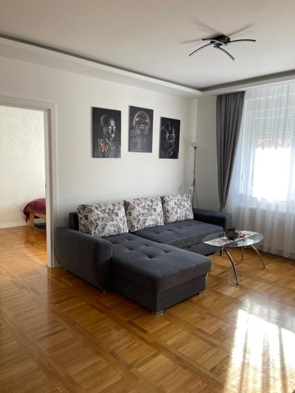 ein Wohnzimmer mit einem Sofa und einem Tisch in der Unterkunft Apartman MDB in Subotica