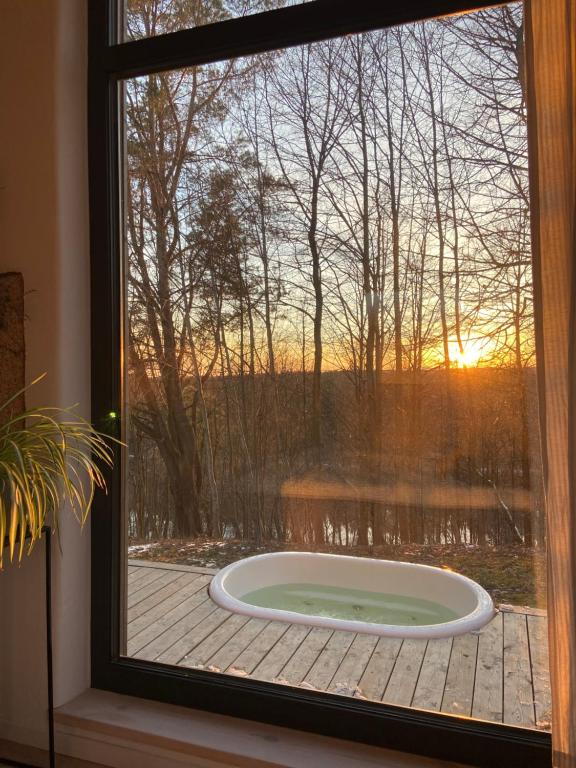 Cette chambre dispose d'une fenêtre donnant sur un bain à remous situé devant une fenêtre. dans l'établissement Birštonas Tiny Hemp House, à Birštonas