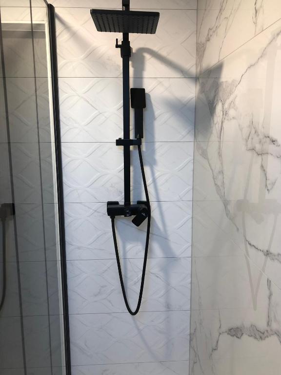 a shower with a shower head on a wall at Sainte Cécile 6 &#47; Studio Elégant et Central in Vichy