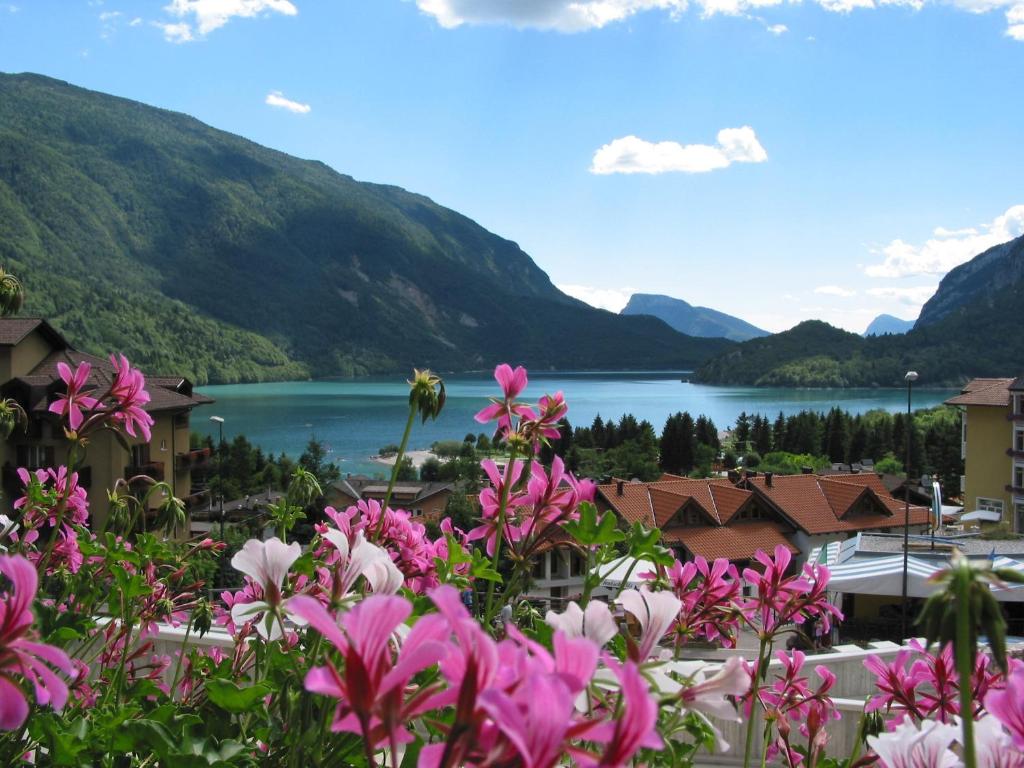 Blick auf den See und die Berge mit rosa Blumen in der Unterkunft Albergo Stella Alpina in Molveno
