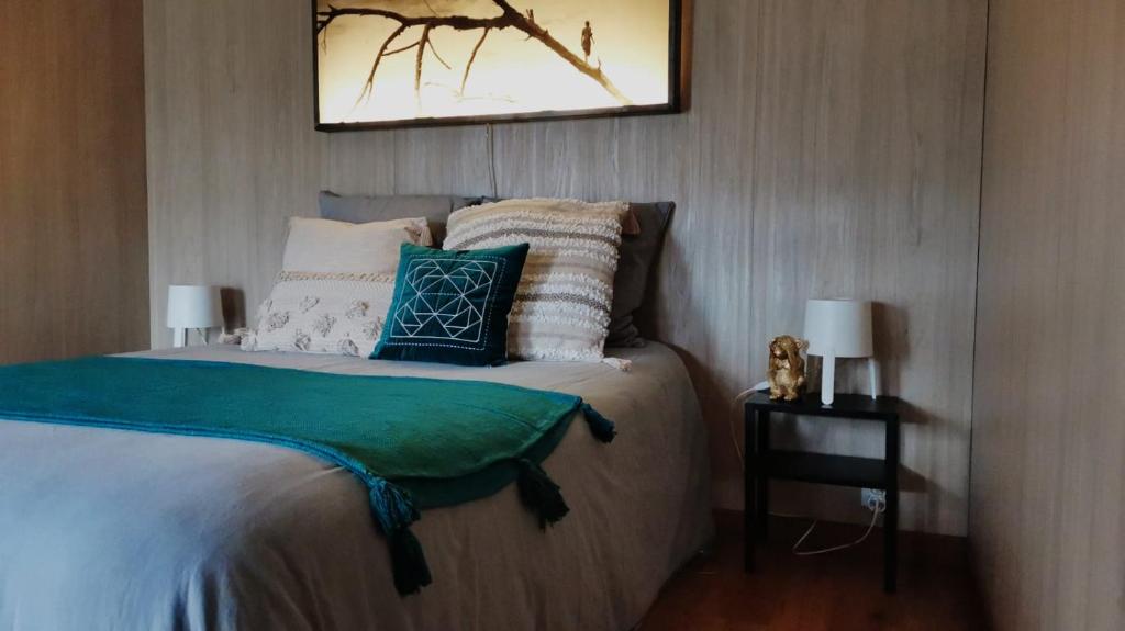 a bedroom with a bed with pillows and a picture on the wall at Le Manège de la Chapinière - DadaLoge in Châteauvieux