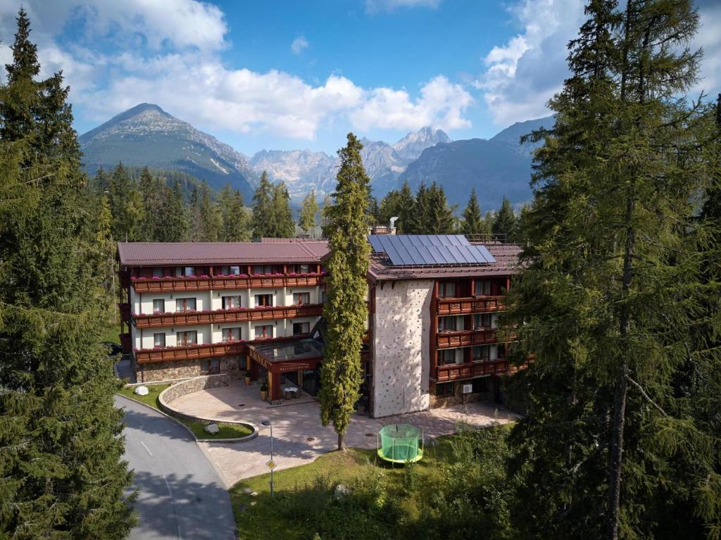 an aerial view of a hotel in the mountains at Wellness Hotel Borovica in Vysoke Tatry - Strbske Pleso