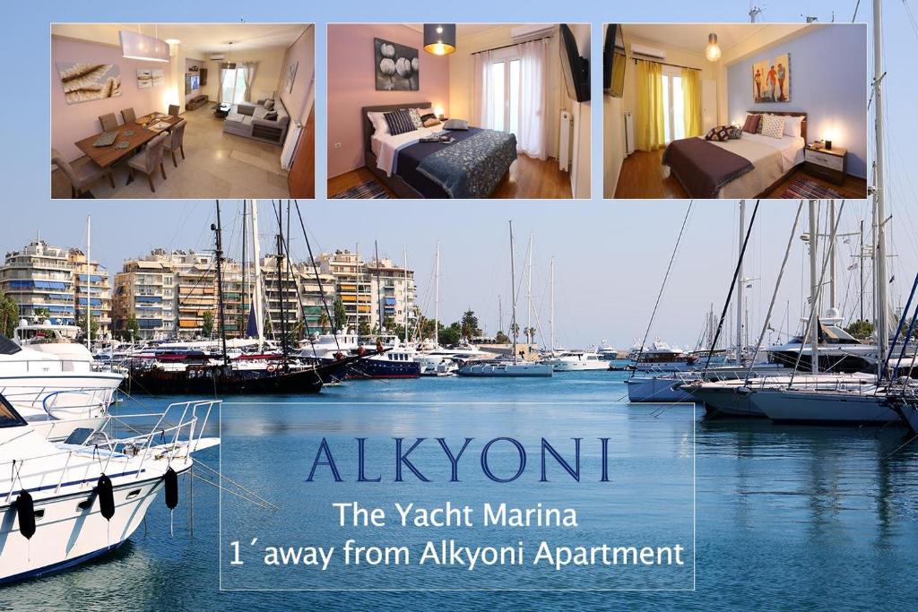 uma colagem de fotos de um quarto com barcos na água em MELMA PROPERTIES- ALKYONI apartment by the sea in Piraeus em Piraeus