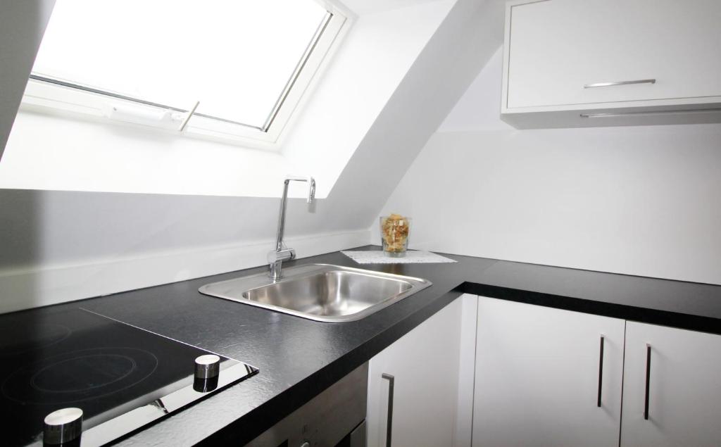 uma cozinha com um lavatório e uma janela em schwimmende Ferienwohnung Rooftop em Elsterheide
