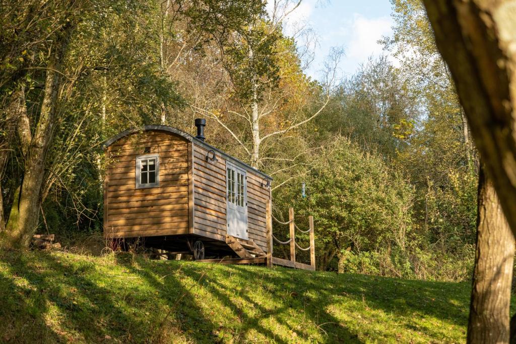 Somerset Shepherds Huts في Winsham: كابينة خشبية تقع على قمة حقل أخضر