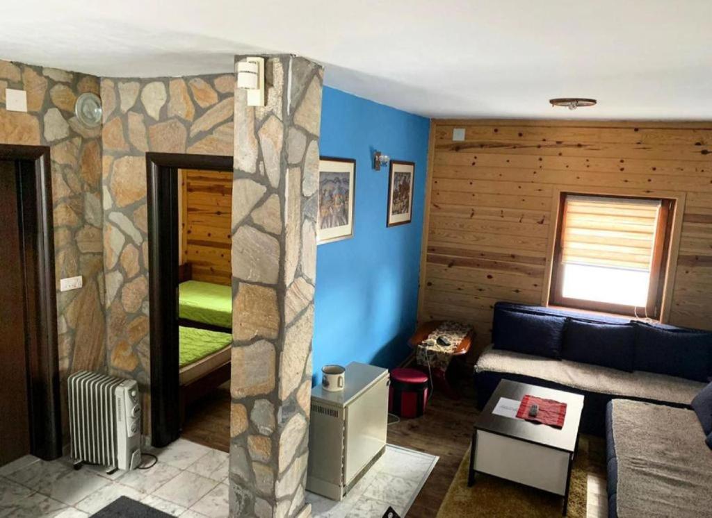 a living room with blue walls and a couch at Apartman Tanja in Kopaonik