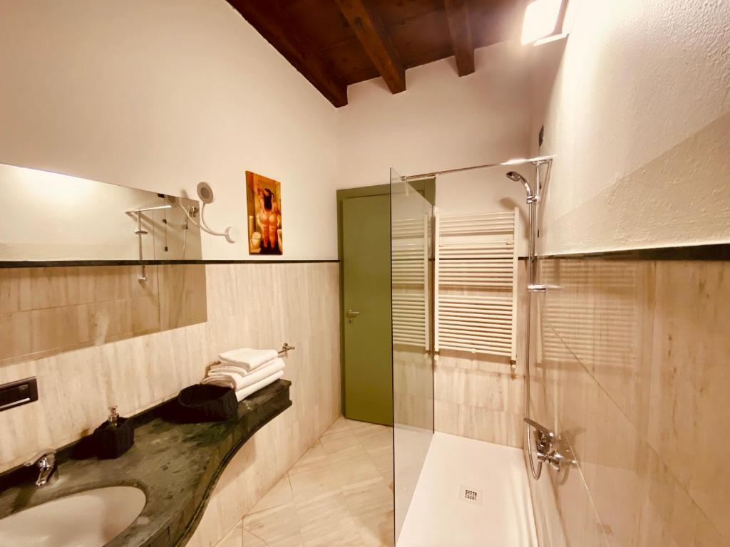 uma casa de banho com um lavatório e uma cabina de duche em vidro. em I Balconcini em Bérgamo
