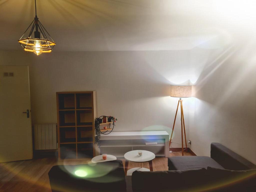 ein Wohnzimmer mit Sofa und Tisch in der Unterkunft Studio proche de J. Jaurès et de l'hotel de ville in Saint-Étienne