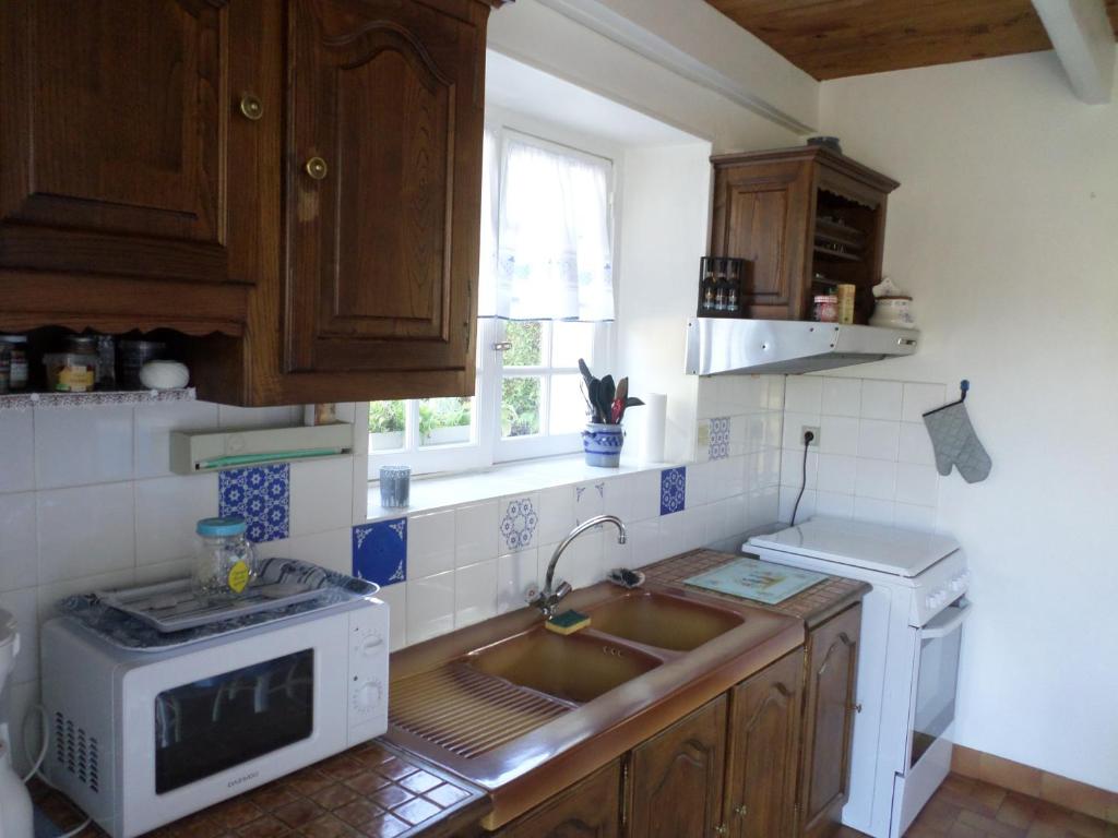 eine Küche mit einer Spüle und einer Mikrowelle in der Unterkunft La Maison bleu in Saint-Tugdual