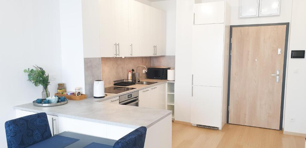kuchnia z białymi szafkami i blatem w obiekcie Fairytales Apartment we Wrocławiu