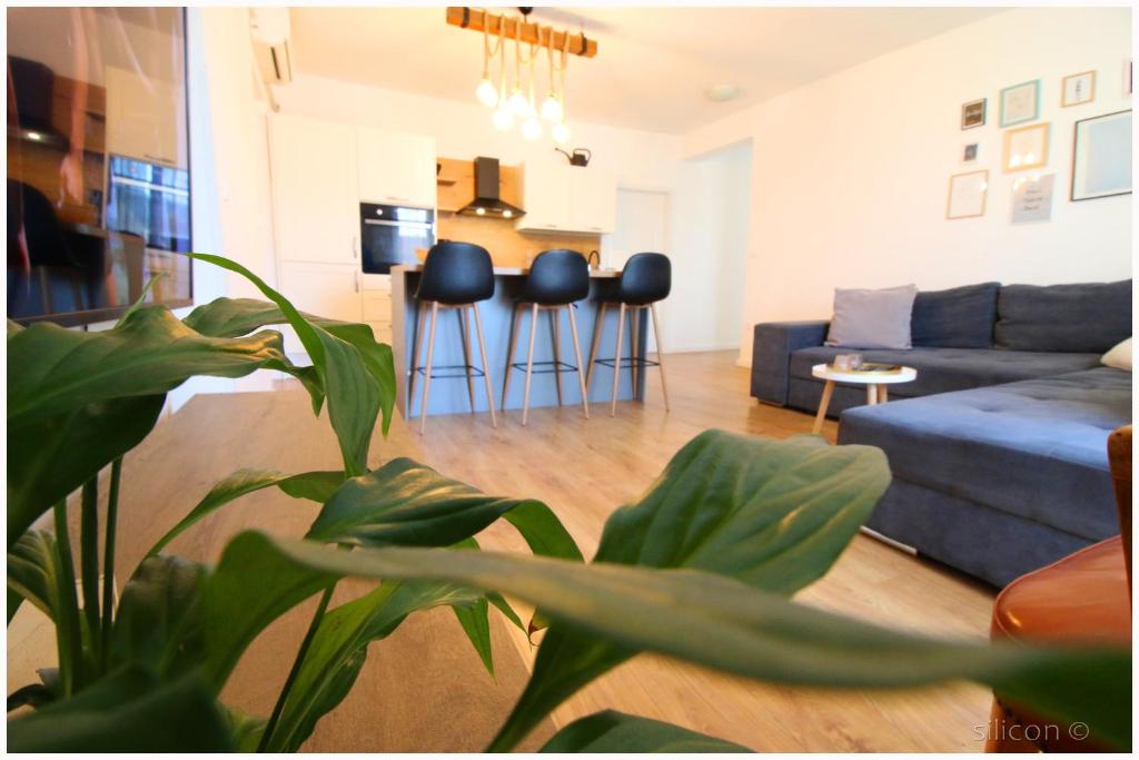 sala de estar con sofá azul y planta en Apartman Silicon, en Primošten
