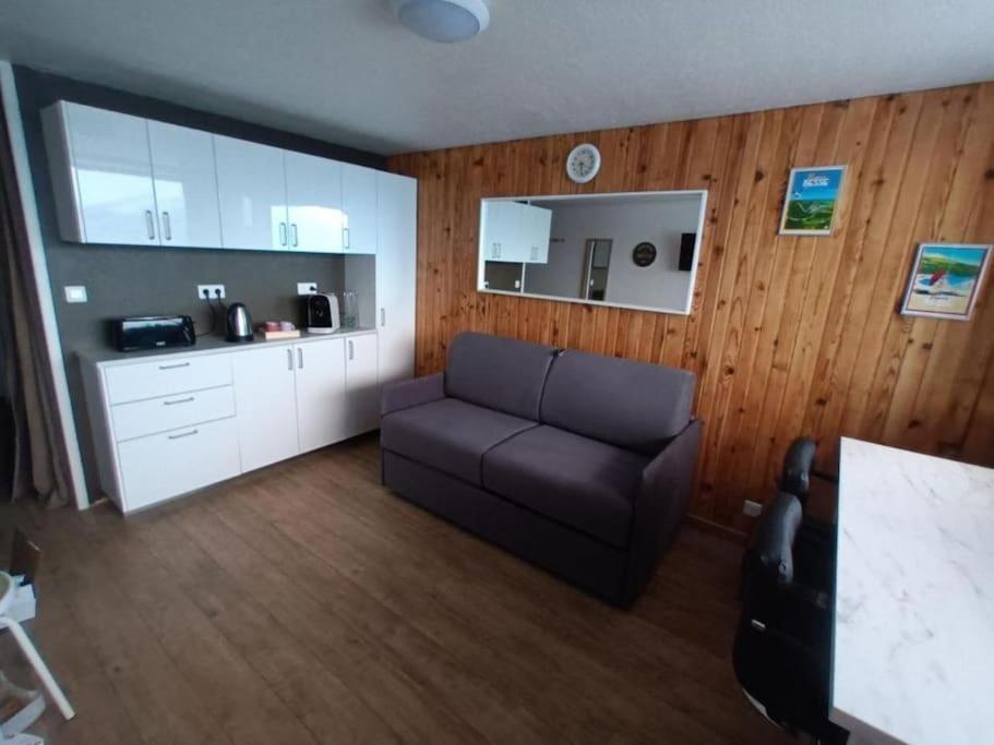 sala de estar con sofá y cocina en STUDIO DE LA BICHETTE, en Besse-et-Saint-Anastaise