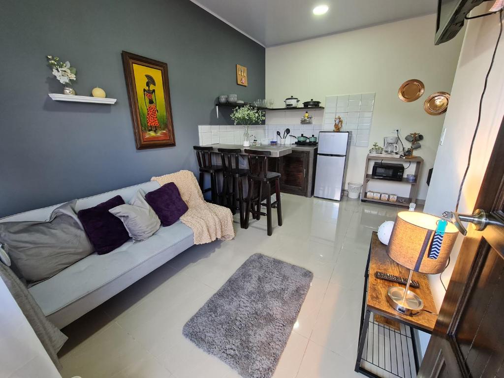 ein Wohnzimmer mit einem Sofa und einer Küche in der Unterkunft Apartamentos Ave del Paraíso in Alajuela