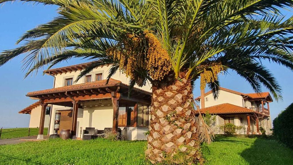 a palm tree in front of a house at Villa Vacacional Villahormes in Naves