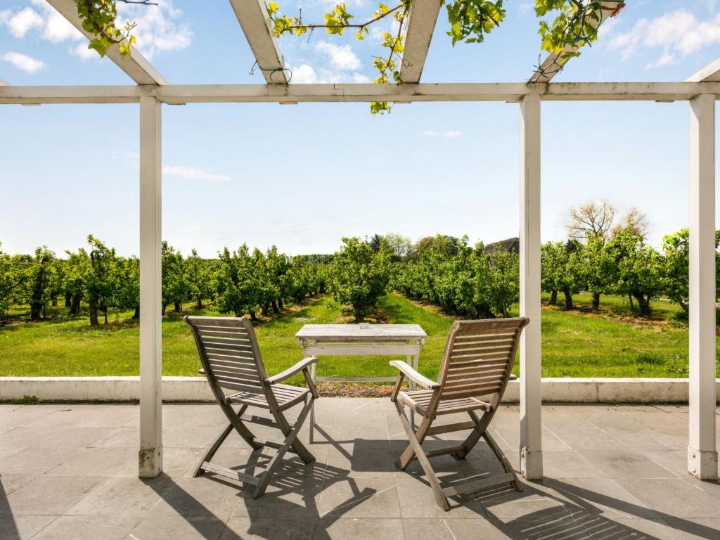 twee stoelen op een patio met uitzicht op een tafel bij Chalet De Orangerie by Interhome in Zaamslag