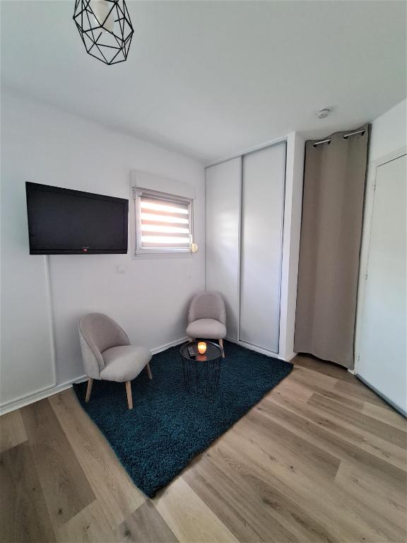 a living room with two chairs and a tv at Studio confort calme centre de Reims Boulevard de la Paix in Reims