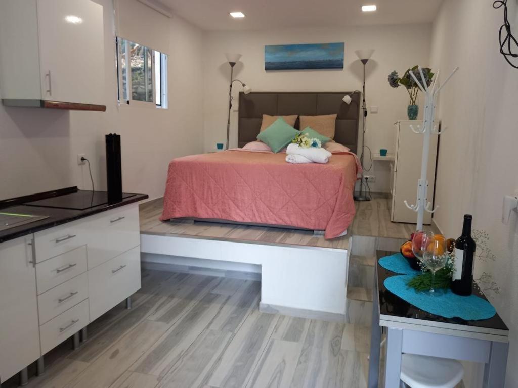 a small bedroom with a bed and a kitchen at Tabua Village Madeira Suite VIP in Ribeira Brava