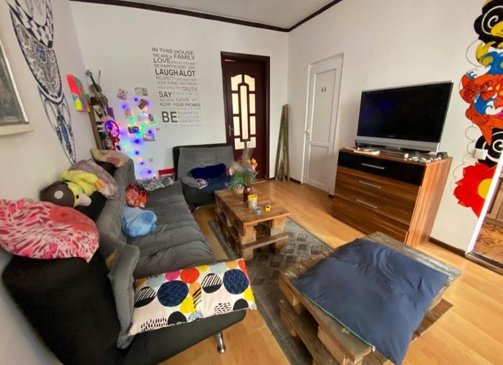 Enjoy The Hostel في باتومي: غرفة معيشة مع أريكة وتلفزيون بشاشة مسطحة
