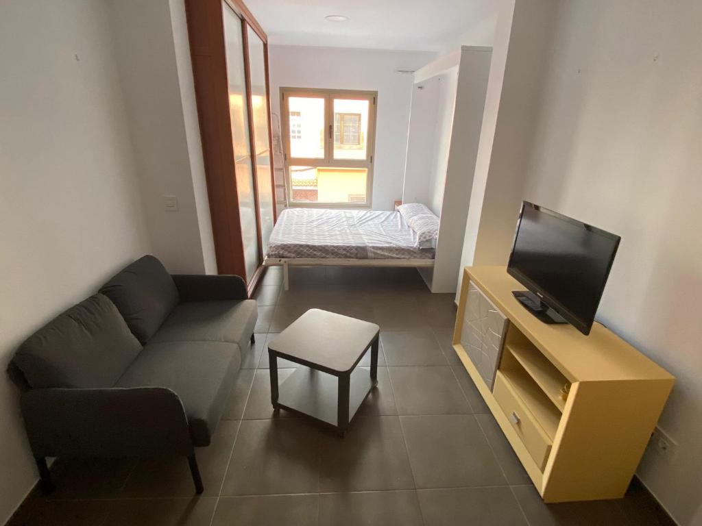 a living room with a couch and a television at Lala Loft Las Canteras in Las Palmas de Gran Canaria