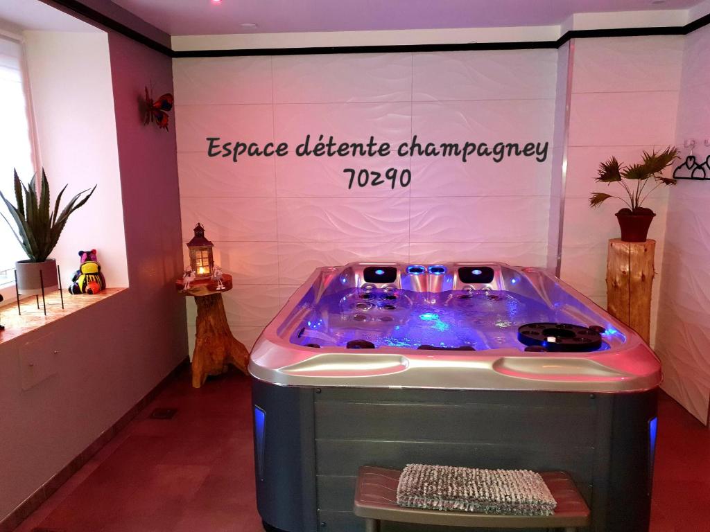 uma banheira de hidromassagem num quarto com uma placa em Espace détente Champagney em Champagney