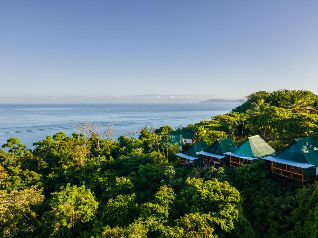 an aerial view of a resort with the ocean in the background at Punta Marenco Lodge in Drake