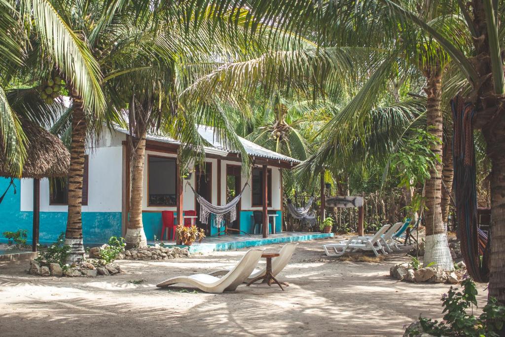 un complexe avec une piscine et des palmiers dans l'établissement Isla Grande Eco-Hostal, à Isla Grande