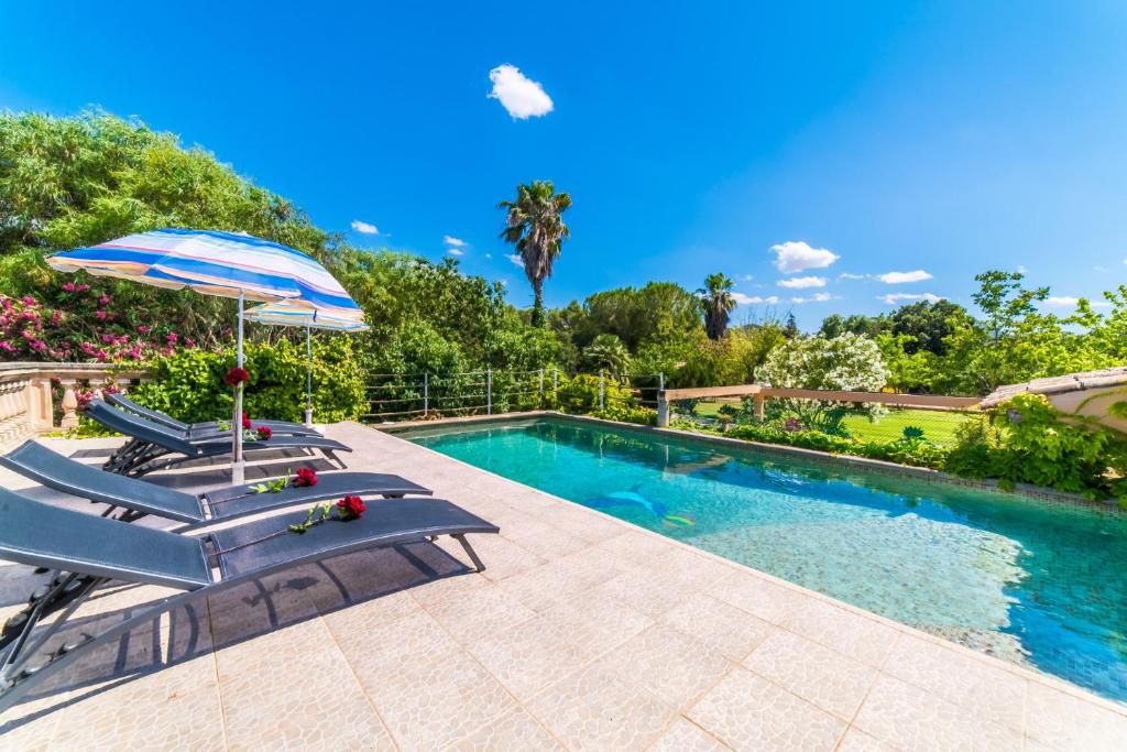 una piscina con 2 tumbonas y una sombrilla en Ideal Property Mallorca - Can Roig Gran, en Pollensa