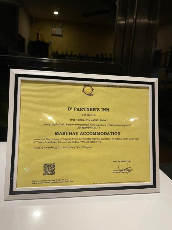 Certifikát, hodnocení, plakát nebo jiný dokument vystavený v ubytování D' Partner's Inn