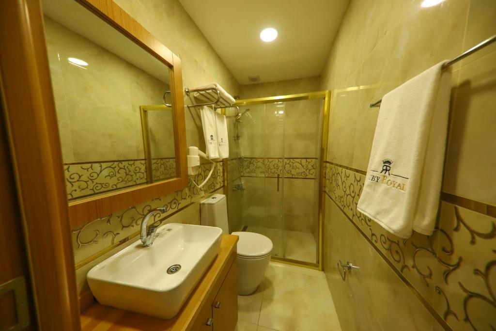 a bathroom with a sink and a shower and a toilet at Ruby Royal in Istanbul