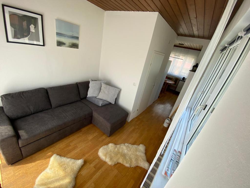 salon z szarą kanapą w pokoju w obiekcie Appartements Gabat Nähe Red Bull Ring w mieście Sankt Michael in Obersteiermark