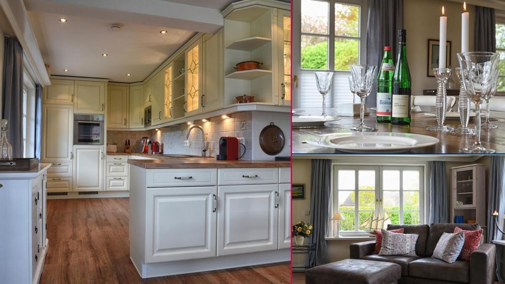 two pictures of a kitchen with white cabinets at Wikingerhus in Nieblum