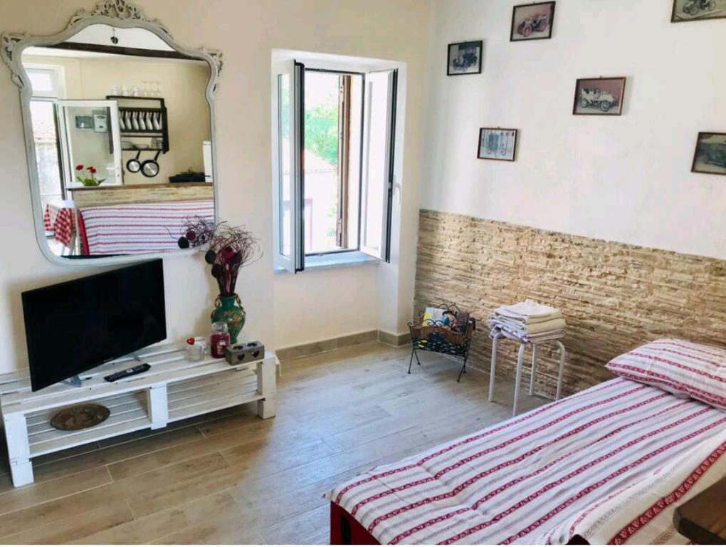 een woonkamer met een televisie en een spiegel bij La "Casina nel borgo" , relax a un passo dalle 5 Terre in Merizzo