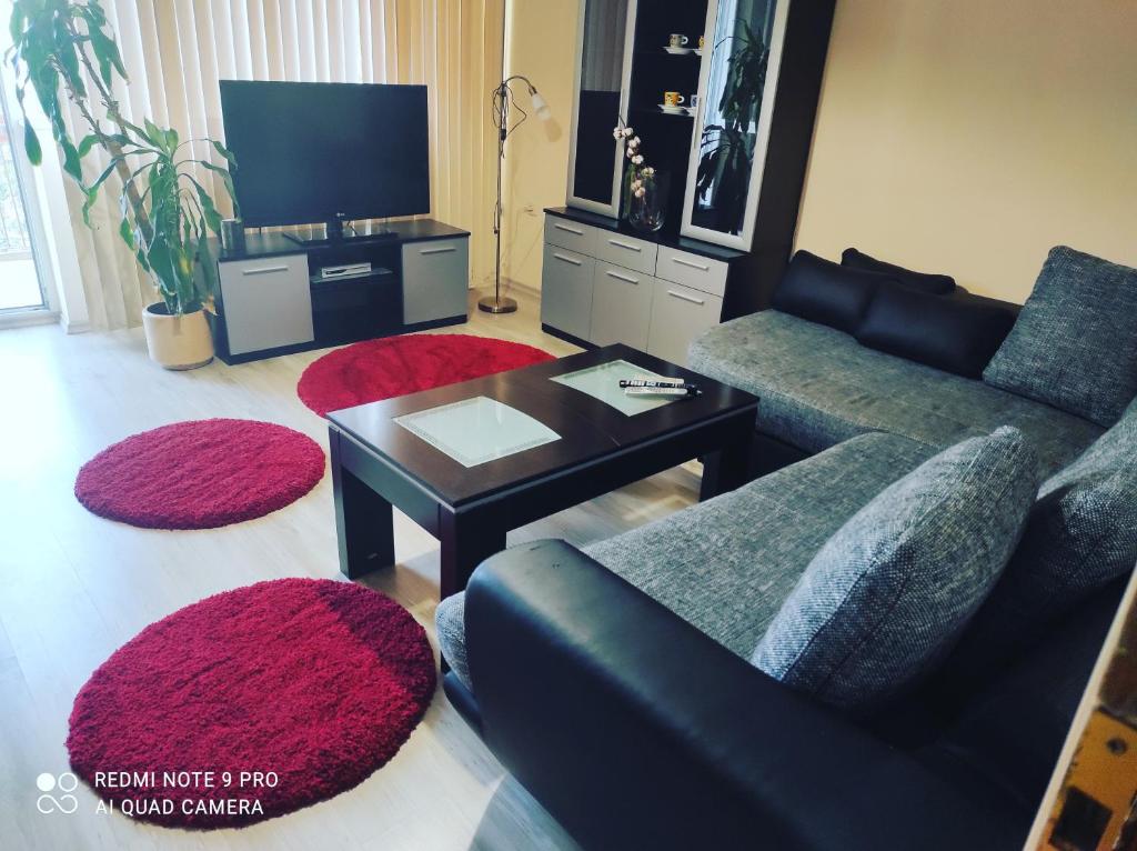 uma sala de estar com um sofá e uma mesa em Pleven Sunny Apartment em Pleven