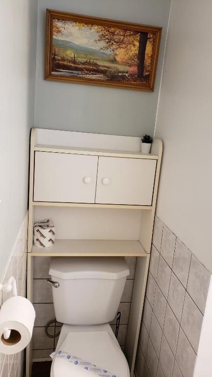 a bathroom with a toilet with a painting above it at Oakwood Motel in Gravenhurst