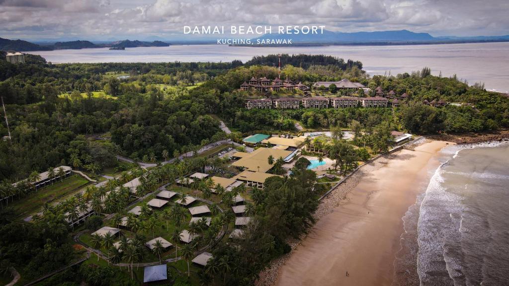 an aerial view of the beach at the durham beach resort at Damai Beach Resort in Santubong