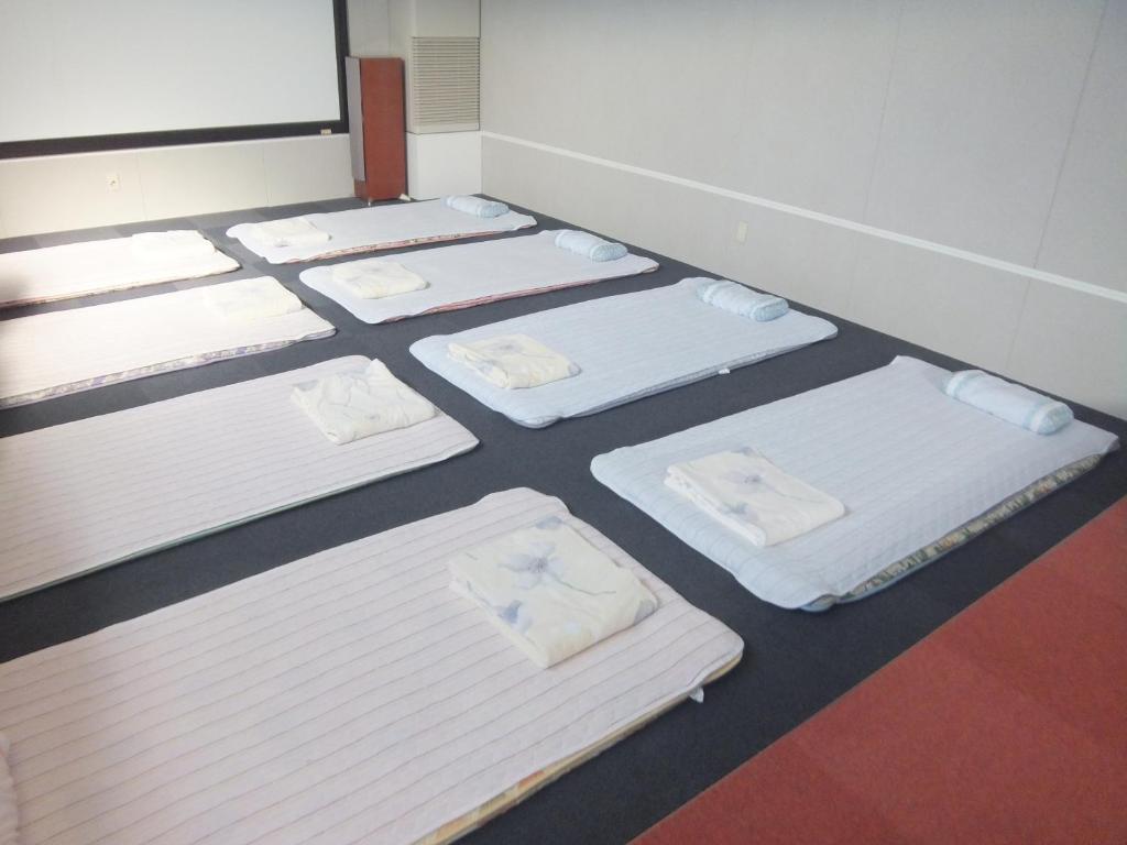 Rúm í herbergi á Natural Onsen Hostel Hidamari no Yu