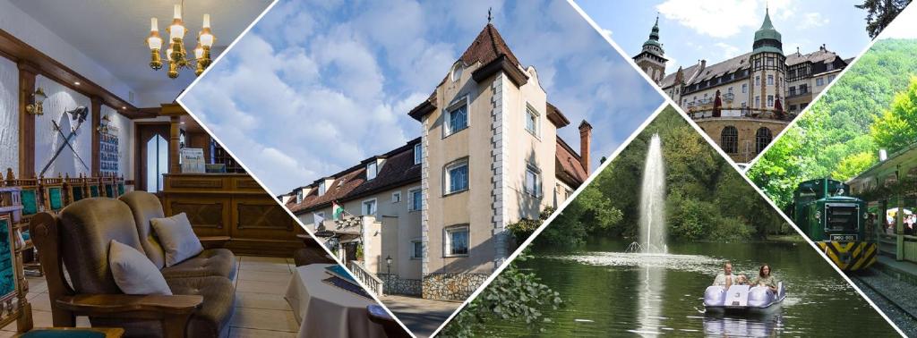 a collage of pictures of a building and a fountain at Kikelet Club Hotel in Miskolctapolca