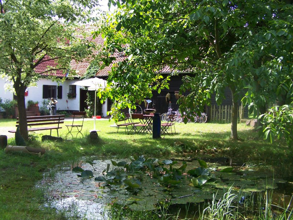 a pond in front of a house with a table and chairs at Ferienwohnung Bergfeld in Bergfeld