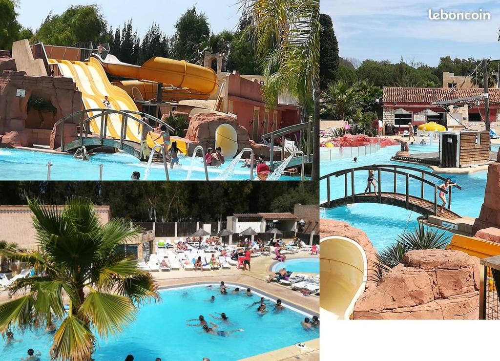 uma colagem de três fotos de um parque aquático em Mobil Home Hyères les palmiers em Hyères