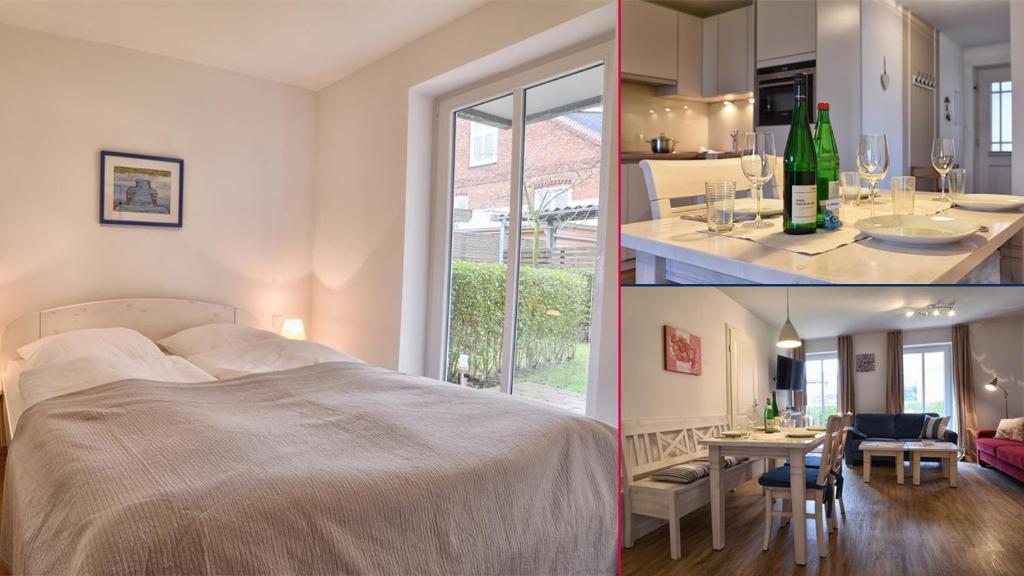 2 fotos de un dormitorio con cama y mesa en Stadtwohnung 1, en Wyk auf Föhr